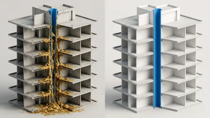 Coluna predial de esgoto - ilustração antes e depois