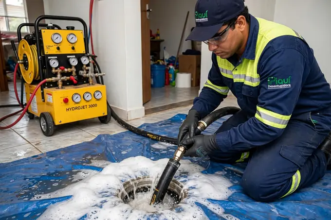 Técnico realizando higienização de tubulação com hidrojato